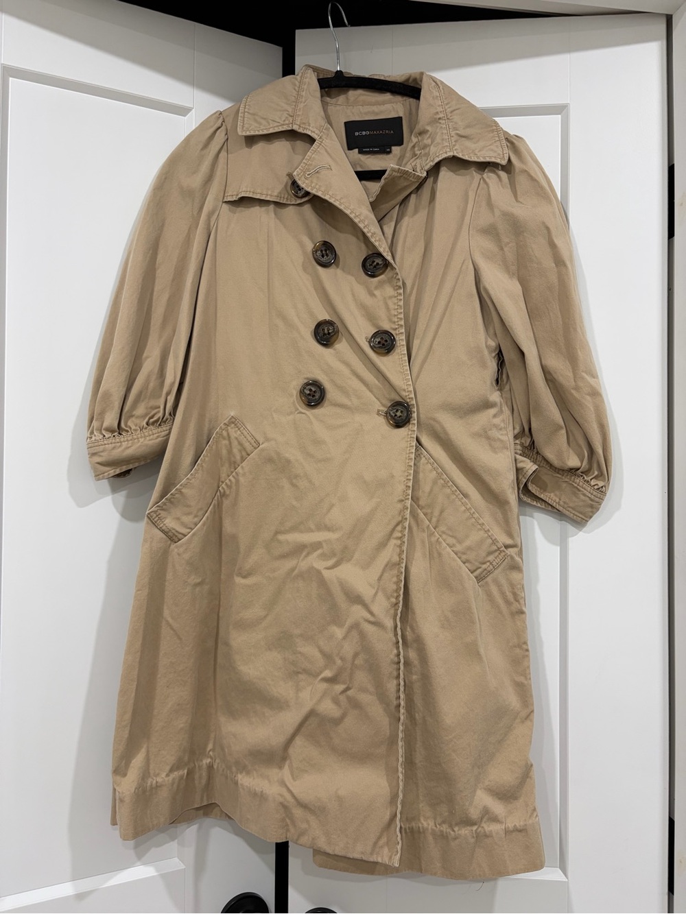 BCBGMaxAzria Tan Double-Breasted Trench Coat with Puff Sleeves